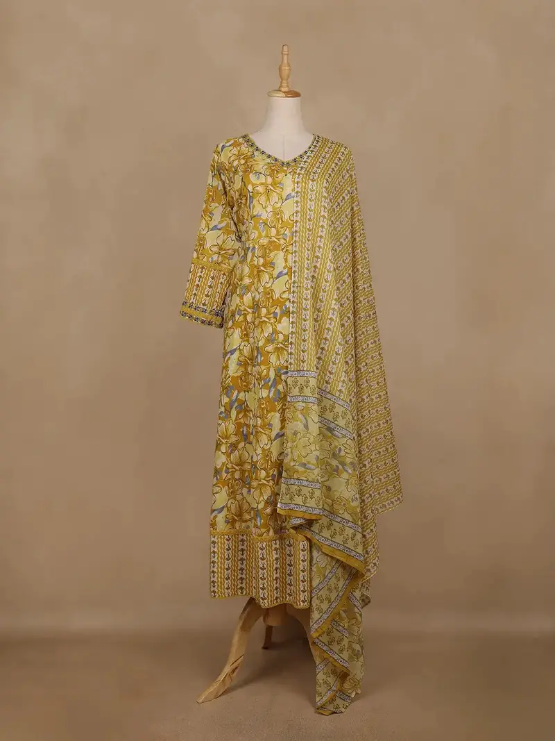 Yellow Floral Printed Cotton Salwar Suit With Dupatta 2