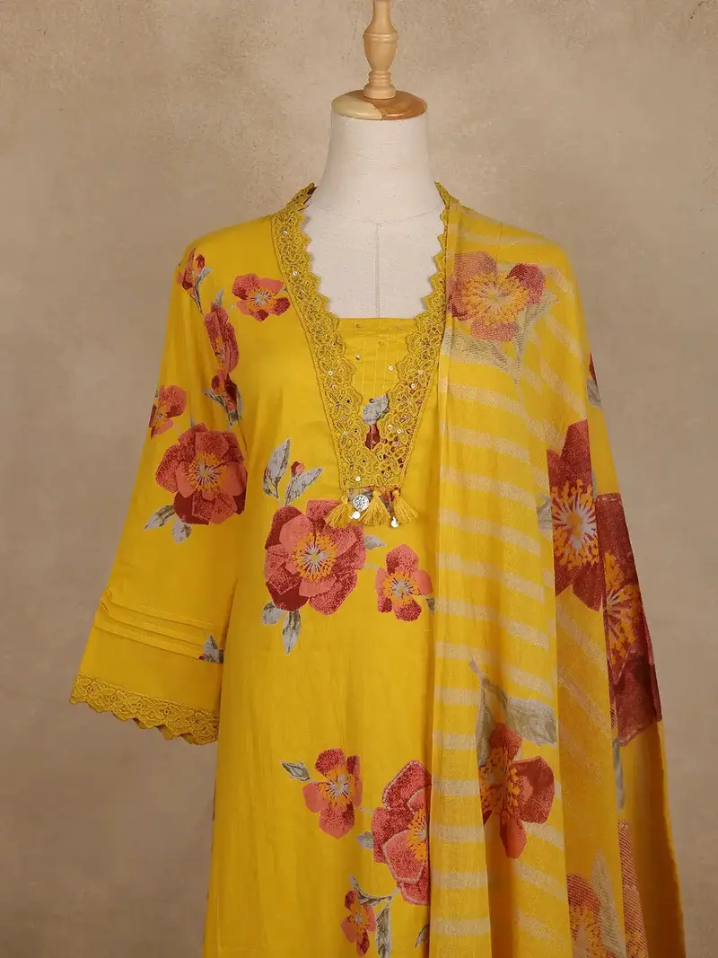 Yellow Floral Printed Cotton Salwar Suit With Dupatta 2
