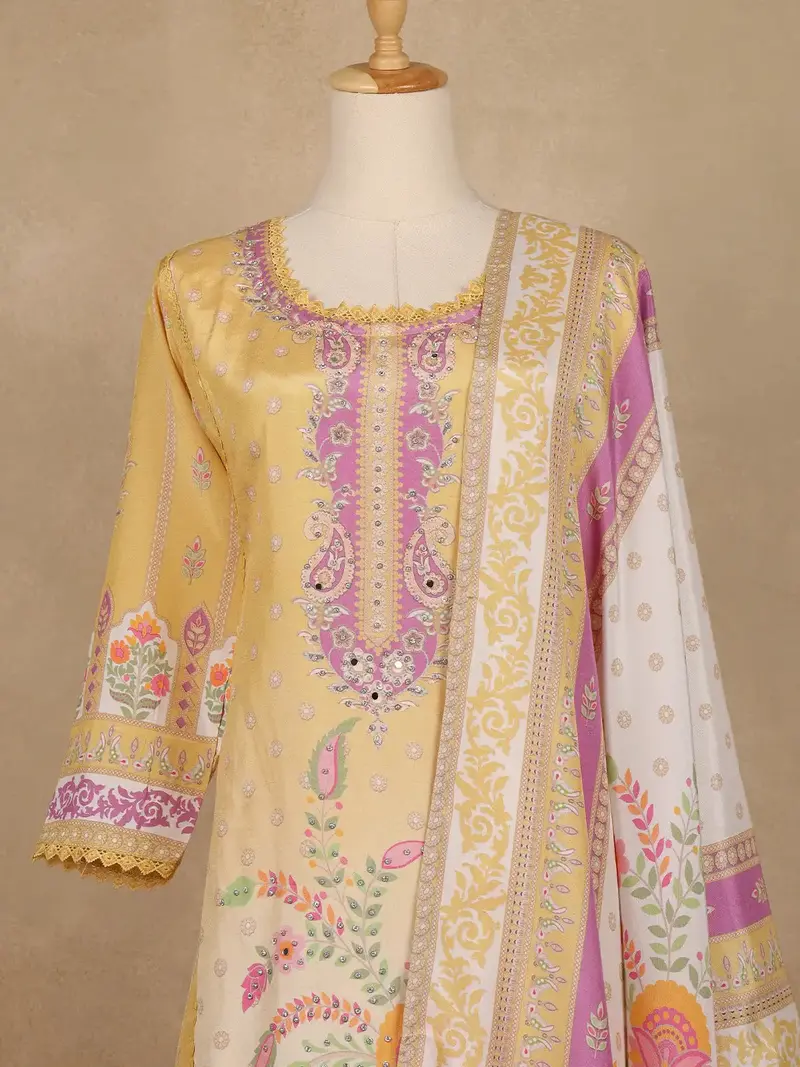Yellow Floral Printed Cotton Salwar Suit With Dupatta 2