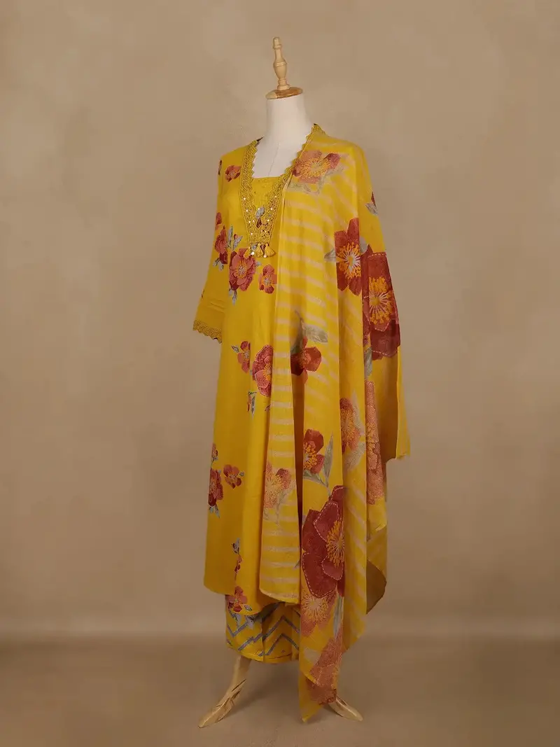 Yellow Floral Printed Cotton Salwar Suit With Dupatta 3