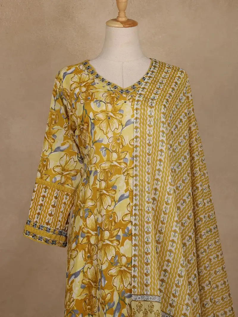 Yellow Floral Printed Cotton Salwar Suit With Dupatta 3