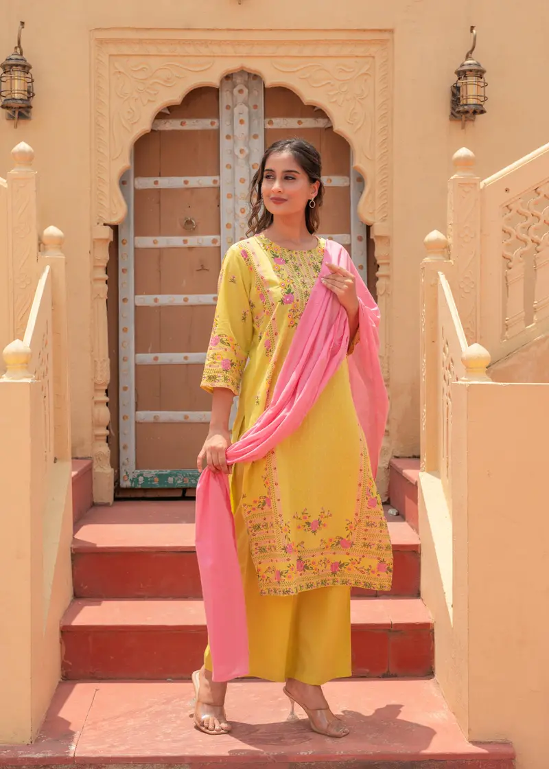 Yellow Floral Printed Cotton Salwar Suit With Pink Dupatta 1