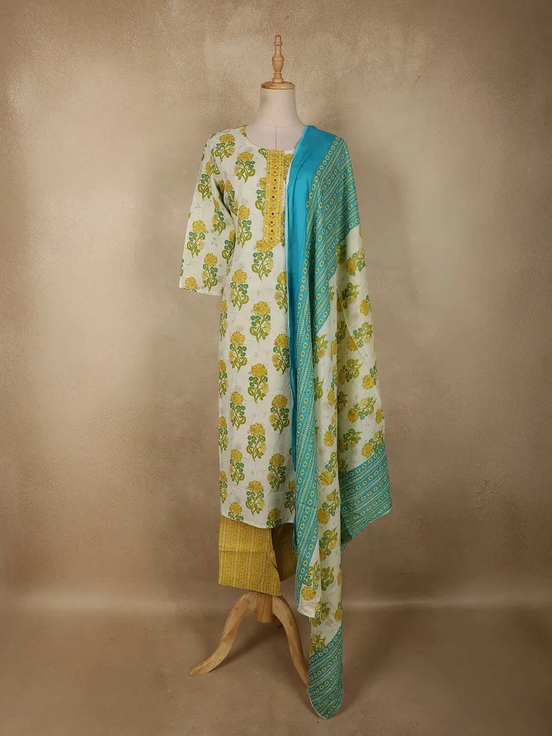 Yellow Floral Printed Design Cotton Straight Cut Salwar Suit With Dupatta 1