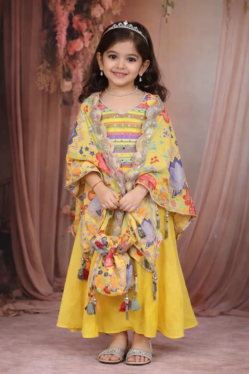 Yellow Floral Printed Design Georgette Kids Palazzo Suit With Kids Potli Bag 1