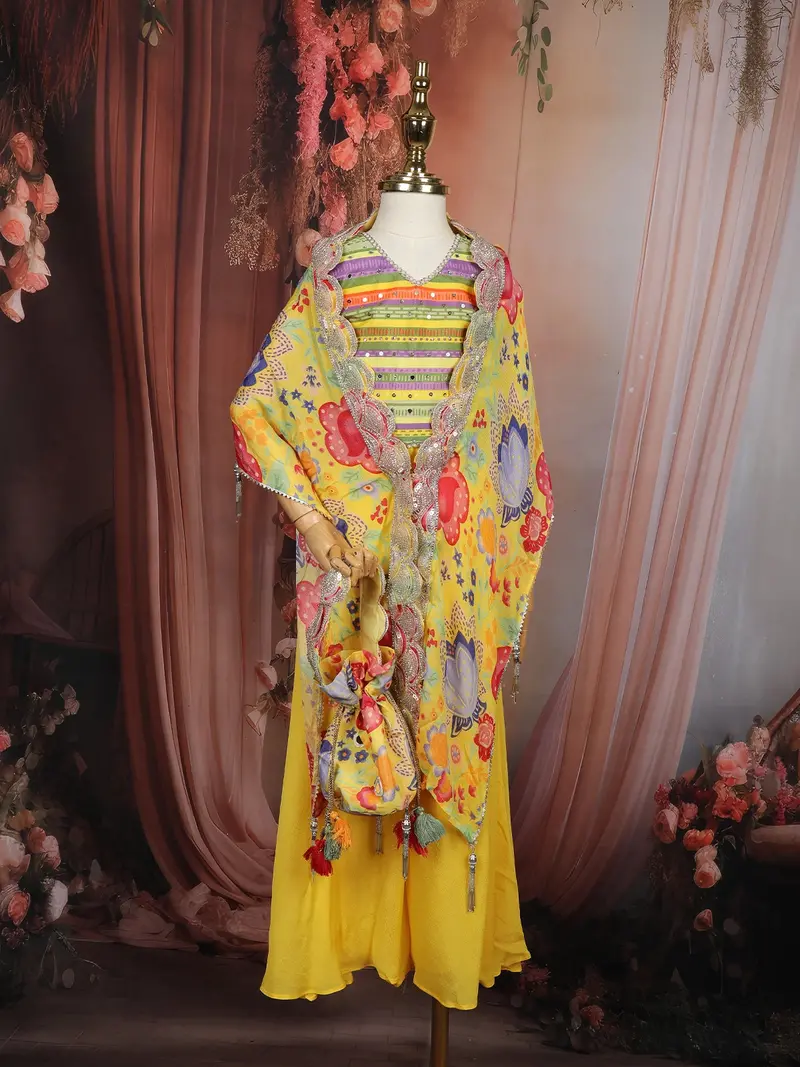 Yellow Floral Printed Design Georgette Kids Palazzo Suit With Kids Potli Bag 2