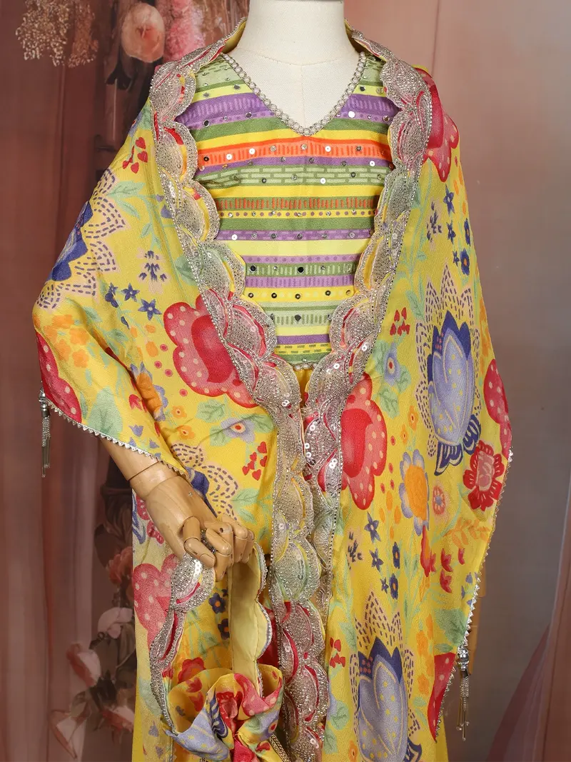 Yellow Floral Printed Design Georgette Kids Palazzo Suit With Kids Potli Bag 3