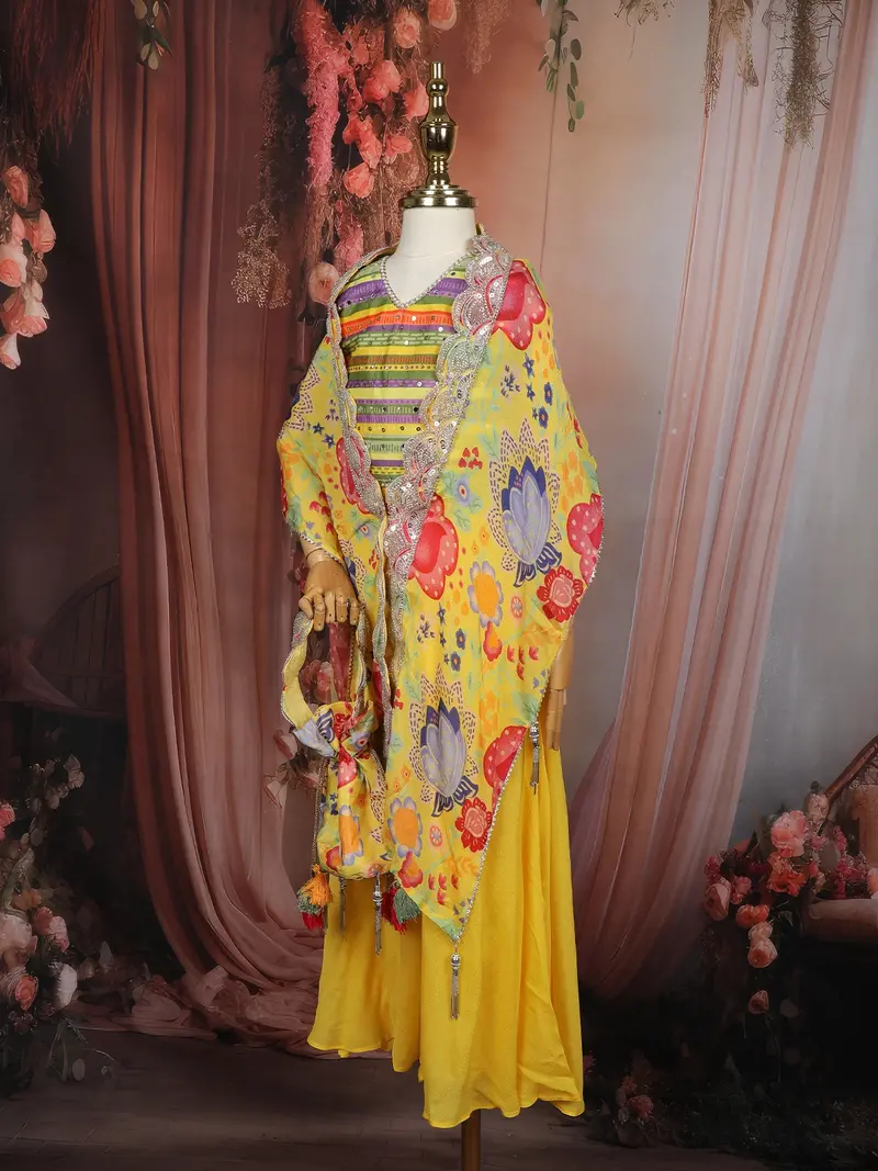 Yellow Floral Printed Design Georgette Kids Palazzo Suit With Kids Potli Bag 4