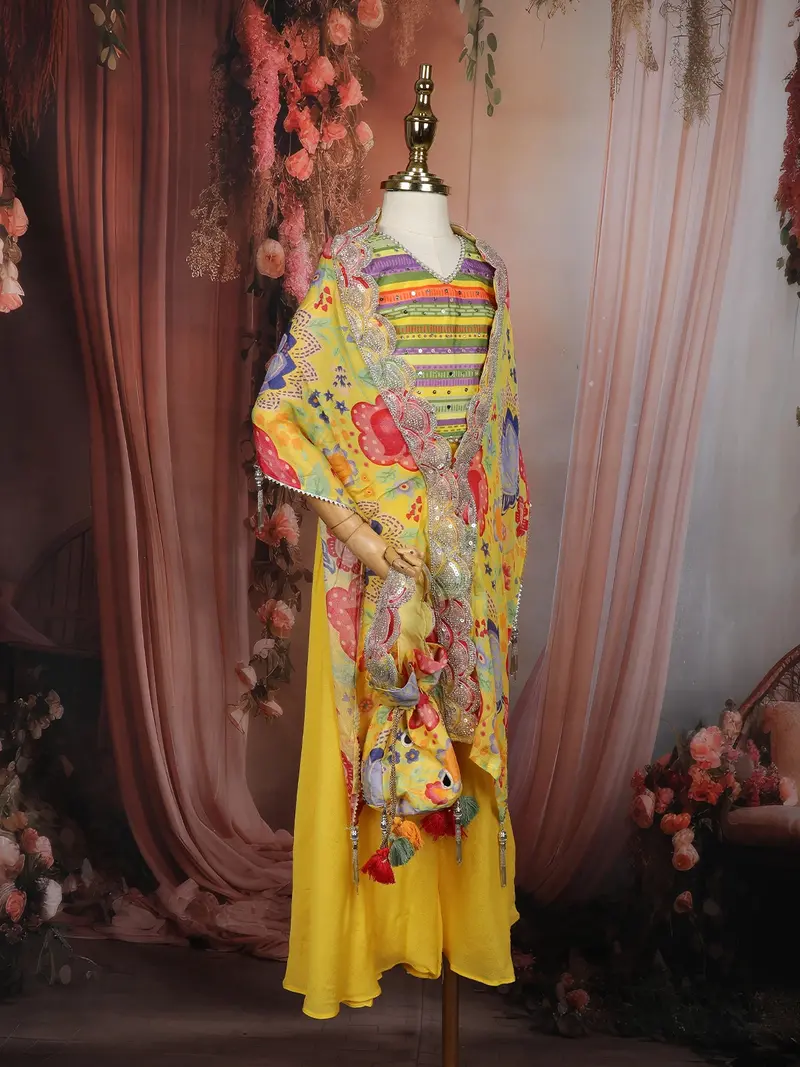 Yellow Floral Printed Design Georgette Kids Palazzo Suit With Kids Potli Bag 5