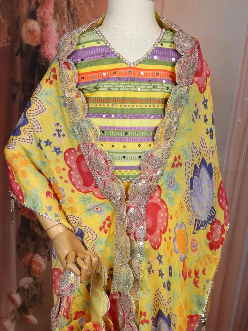 Yellow Floral Printed Design Georgette Kids Palazzo Suit With Kids Potli Bag 6