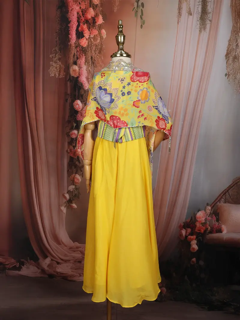 Yellow Floral Printed Design Georgette Kids Palazzo Suit With Kids Potli Bag 9