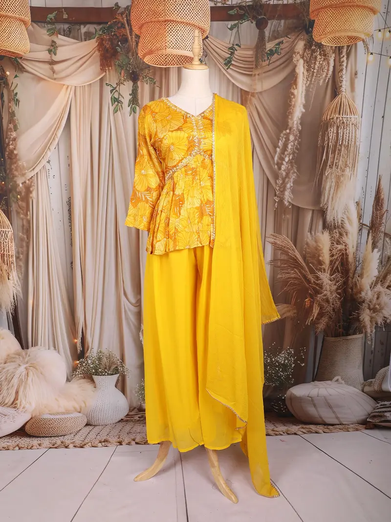 Yellow Floral Printed Design Peplum Top Palazzo Suit With Dupatta 1