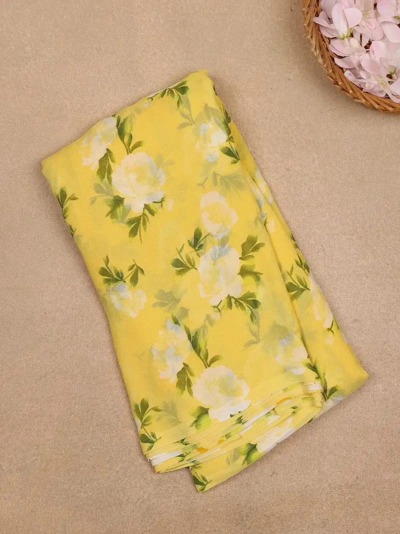 Yellow Floral Printed Georgette Saree With Matching Blouse 1