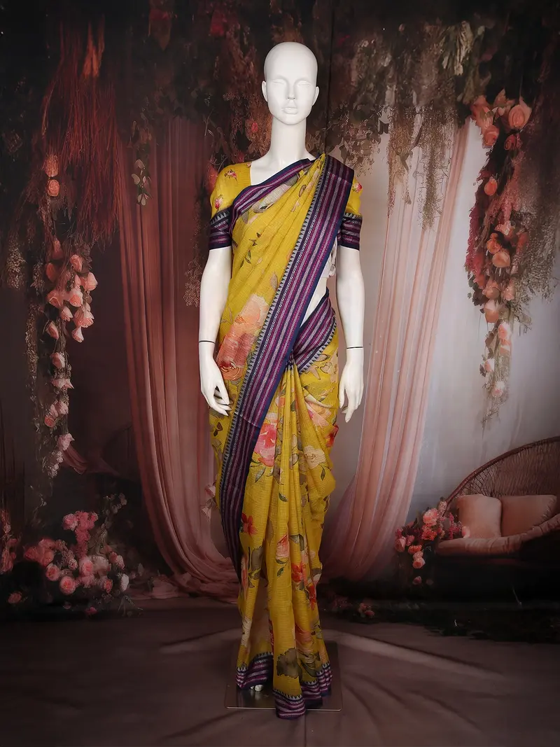 Yellow Floral Printed Kota Cotton Saree With Contrast Woven Border 1