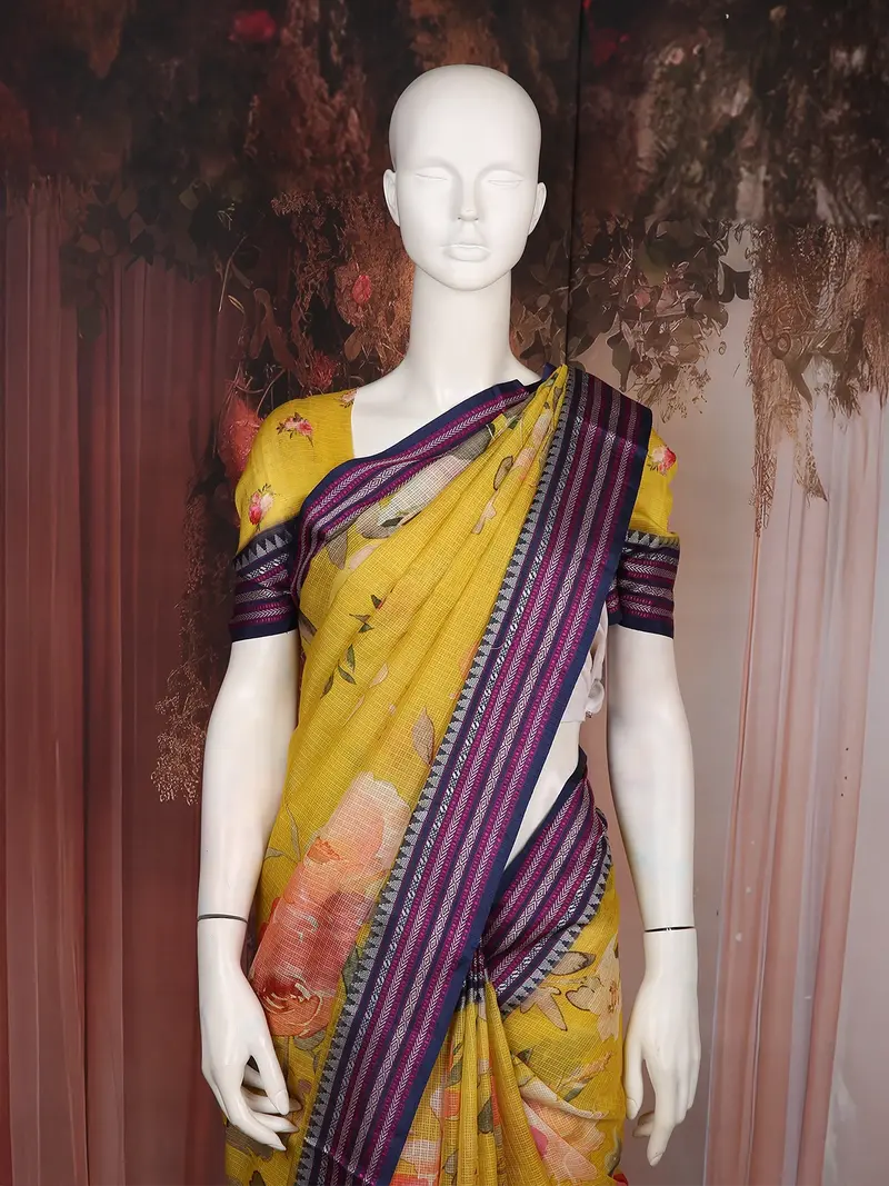 Yellow Floral Printed Kota Cotton Saree With Contrast Woven Border 2