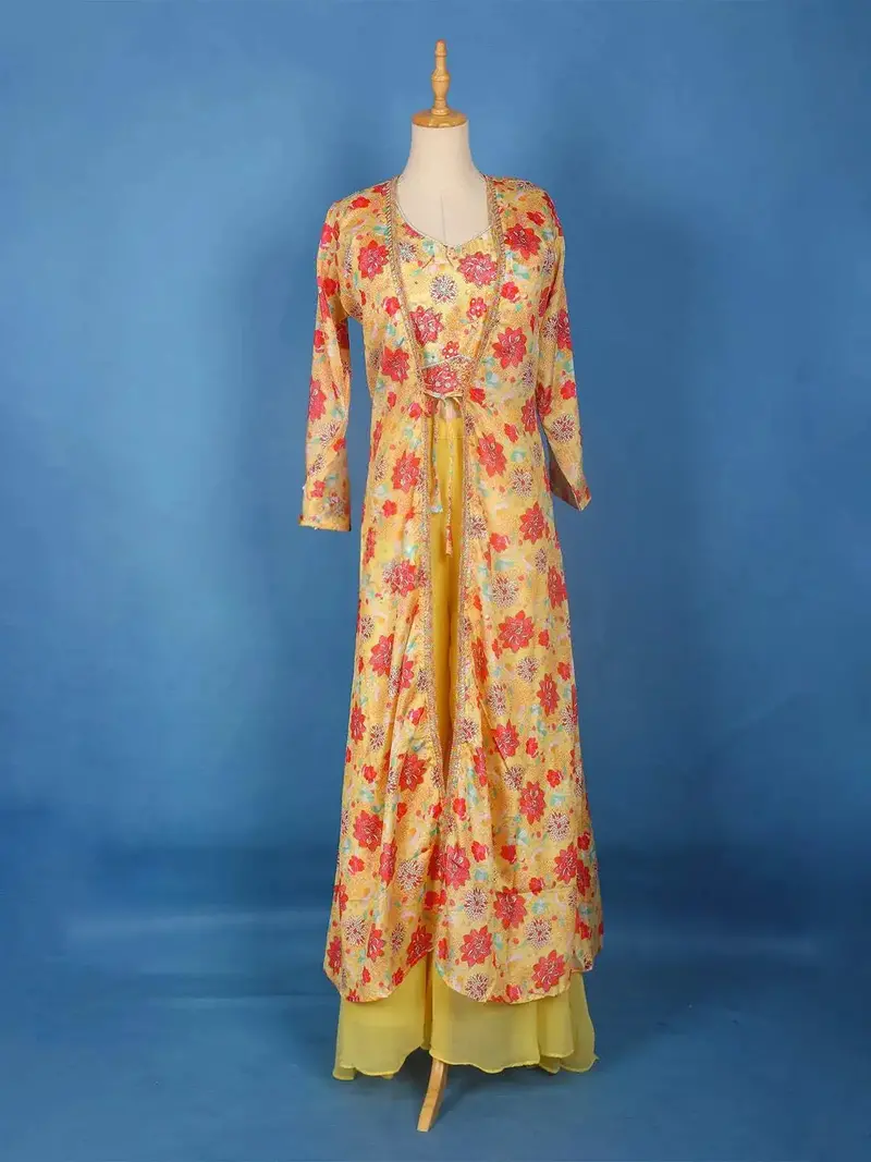 Yellow Floral Printed Palazzo Salwar Suit And Jacket 1