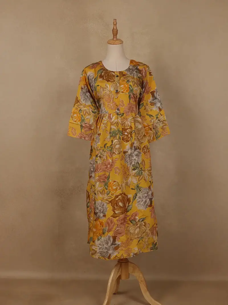 Yellow Floral Printed Rayon Kurti 1
