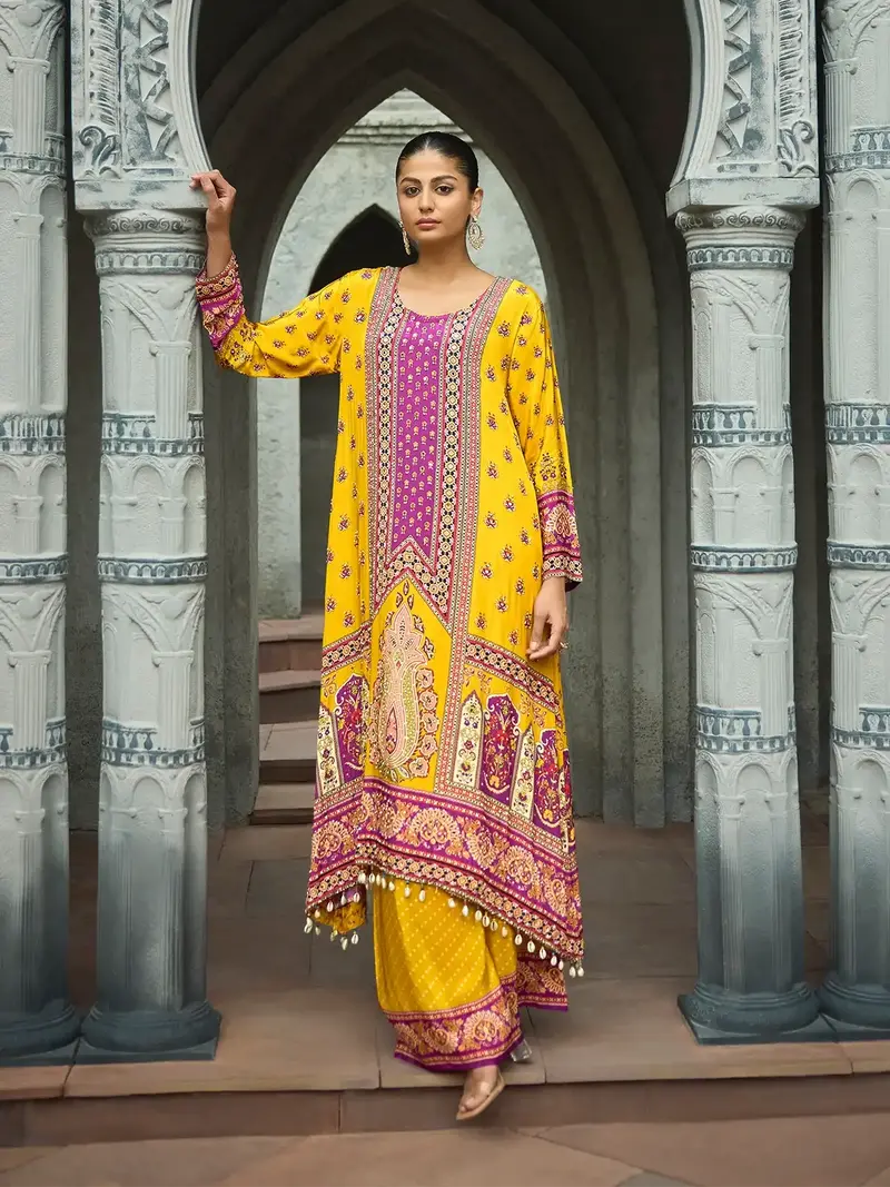Yellow Floral Printed Synthetic Palazzo Salwar Suit 1