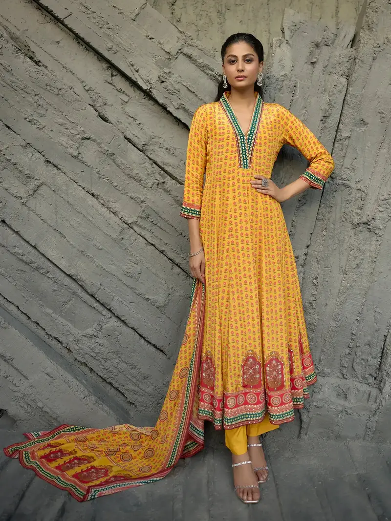 Yellow Floral Printed Synthetic Salwar Suit 1