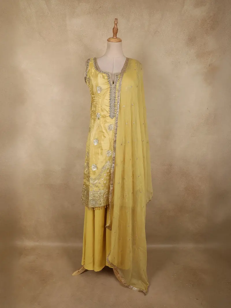 Yellow Floral Sequins And Beads Embroidered Design Organza Palazzo Suit With Dupatta 1