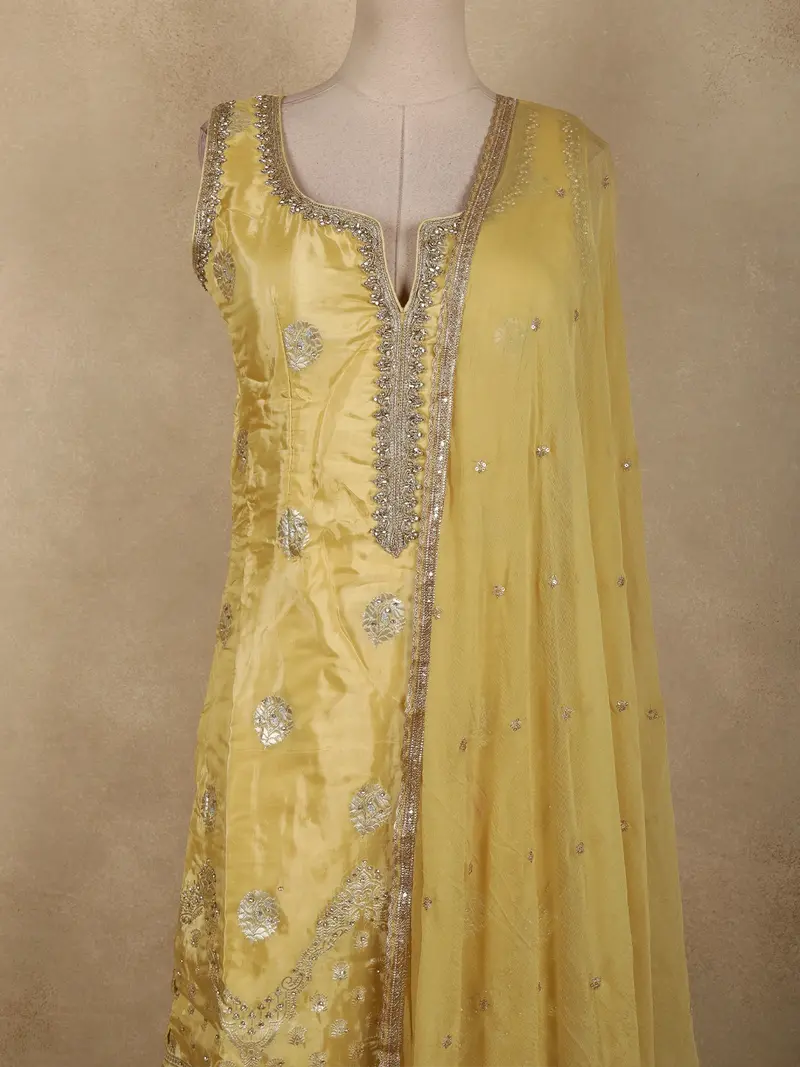 Yellow Floral Sequins And Beads Embroidered Design Organza Palazzo Suit With Dupatta 2