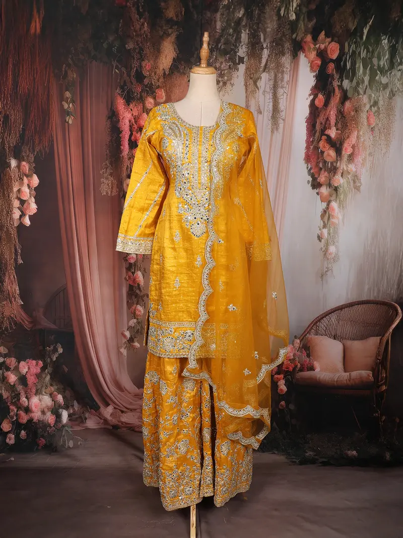 Yellow Floral Sequins And Beads Embroidered Design Tissue Palazzo Suit 1