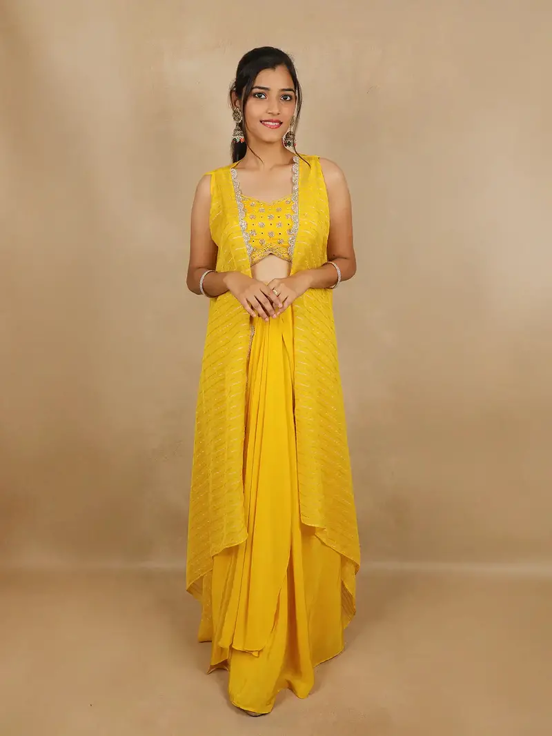 Yellow Floral Sequins Embroidered Chiffon Skirt Top 1
