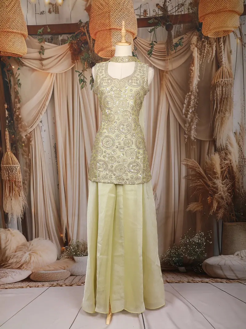 Yellow Floral Sequins Embroidered Organza Palazzo Suit 1