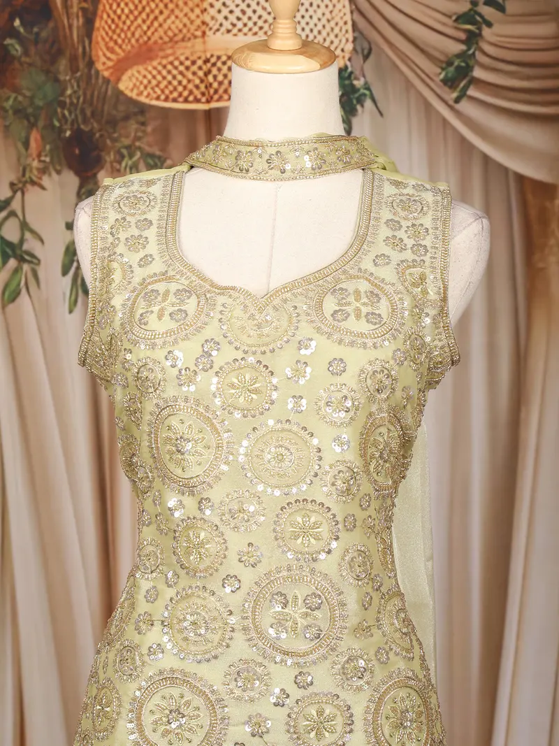 Yellow Floral Sequins Embroidered Organza Palazzo Suit 2
