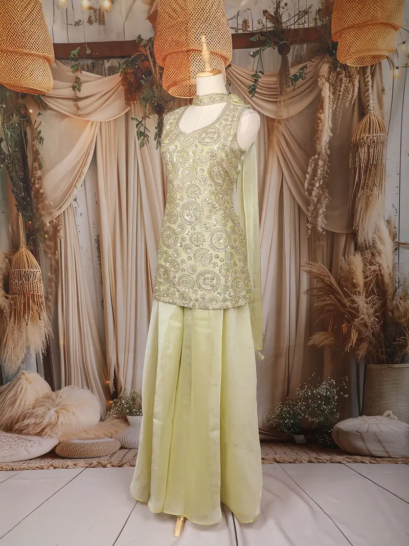 Yellow Floral Sequins Embroidered Organza Palazzo Suit 3