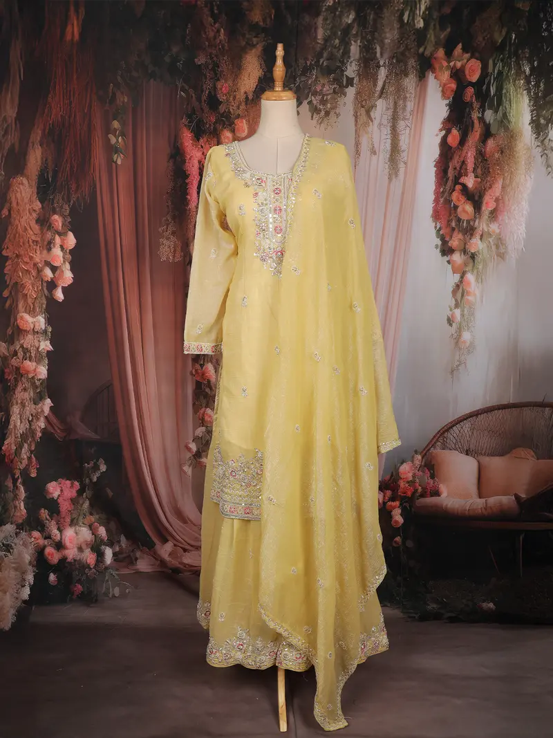 Yellow Floral Sequins Embroidered Tissue Silk Sharara Suit With Dupatta 1