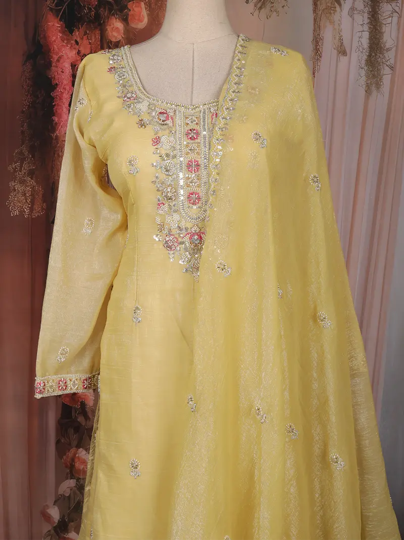 Yellow Floral Sequins Embroidered Tissue Silk Sharara Suit With Dupatta 2