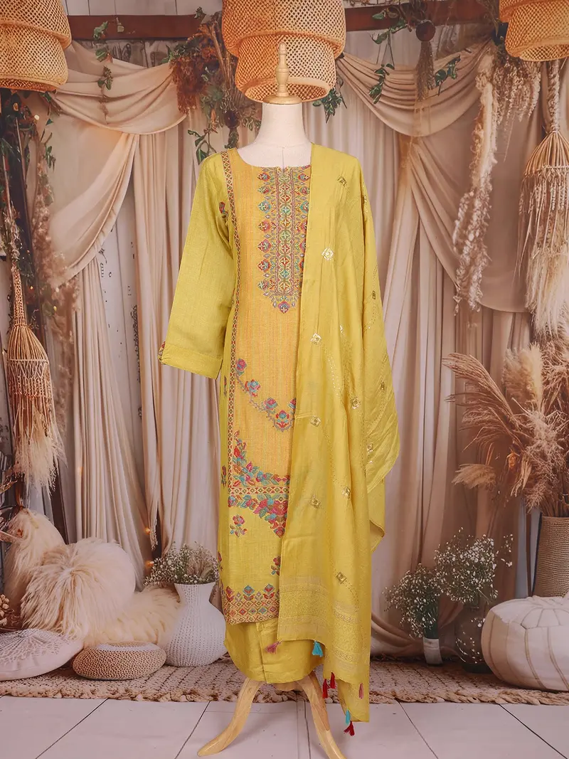 Yellow Floral Thread Embroidered Design Cotton Straight Cut Salwar Suit 1