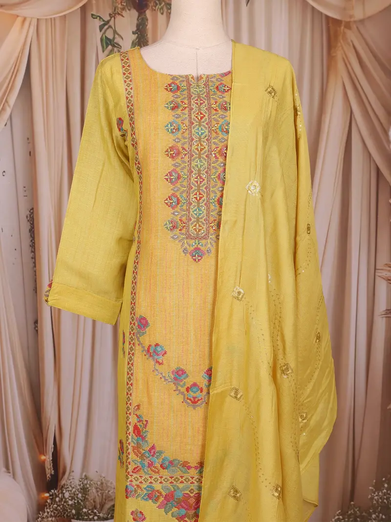 Yellow Floral Thread Embroidered Design Cotton Straight Cut Salwar Suit 2