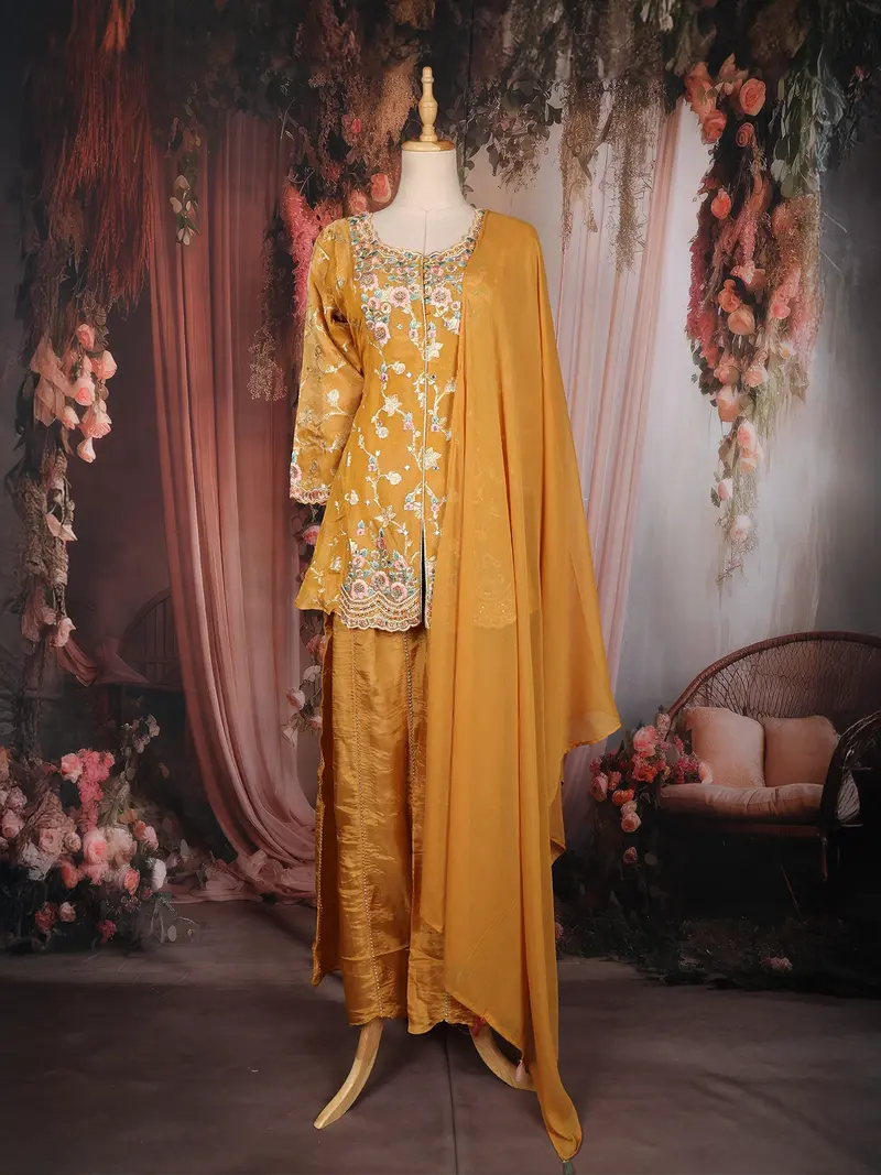 Yellow Floral Thread Embroidered Design Tissue Silk Palazzo Suit With Dupatta 1