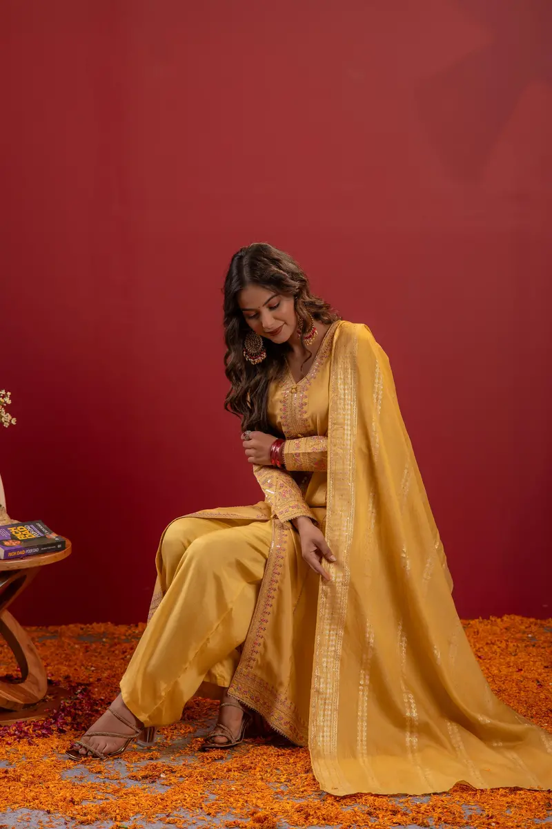 Yellow Floral Thread Embroidered Silk Cotton Palazzo Suit With Dupatta 1