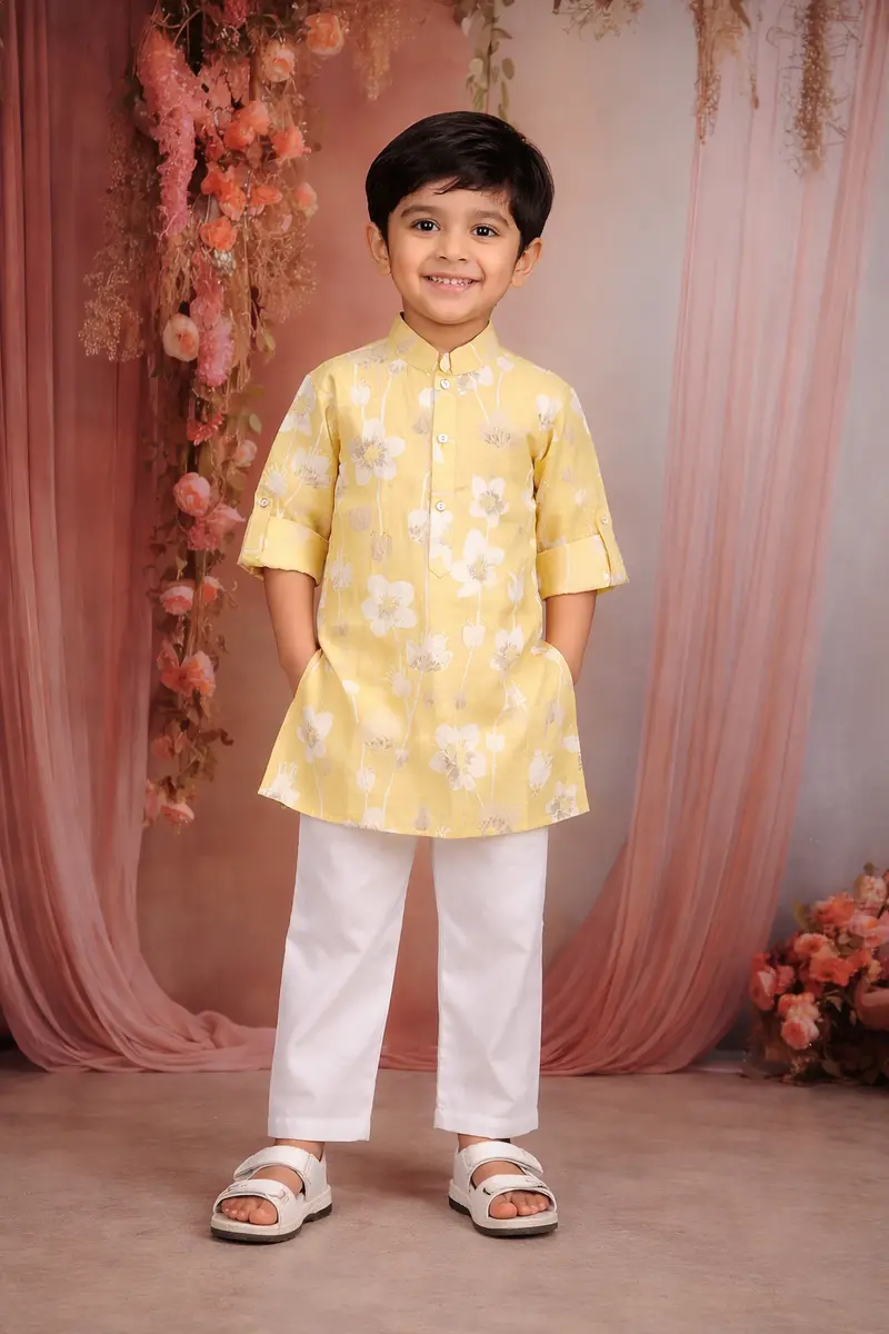 Yellow Floral Woven Design Cotton Kids Kurta Set 1