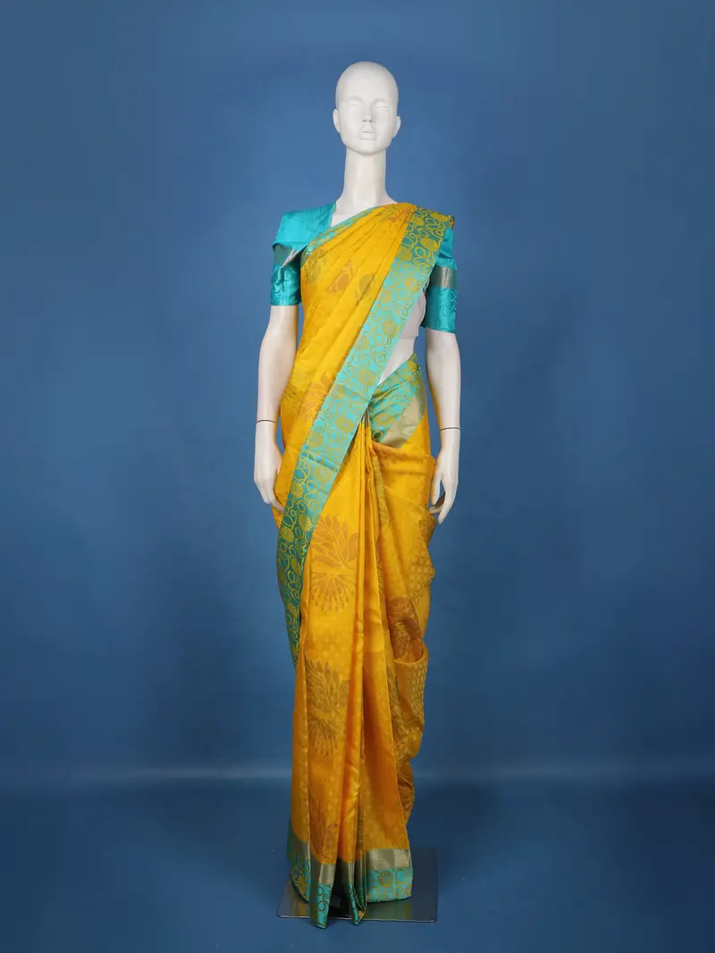 Yellow Floral Woven Design Pure Kanchipuram Silk Saree 1