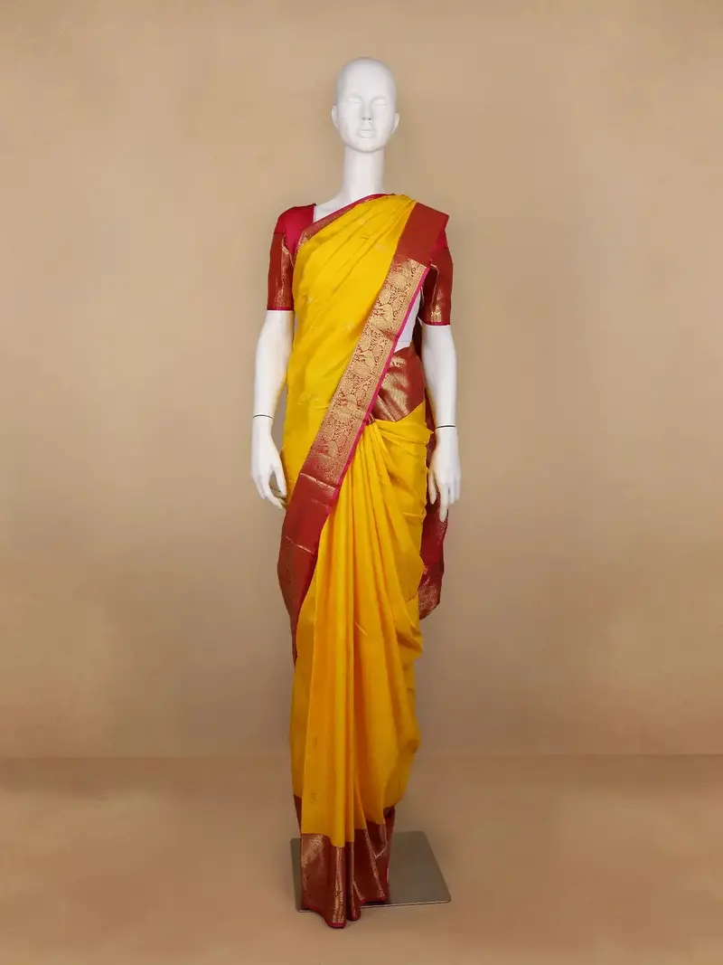 Yellow Floral Woven Pure Kanchipuram Silk Saree 1
