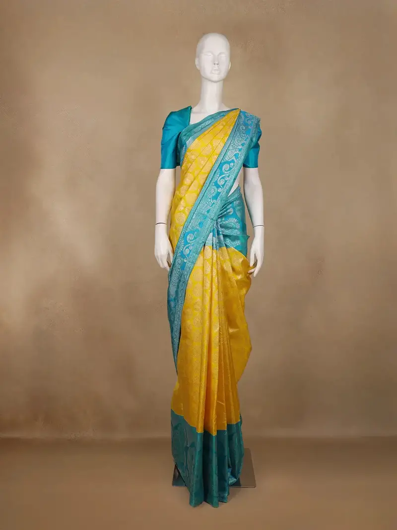 Yellow Floral Woven Pure Kanchipuram Silk Saree 1