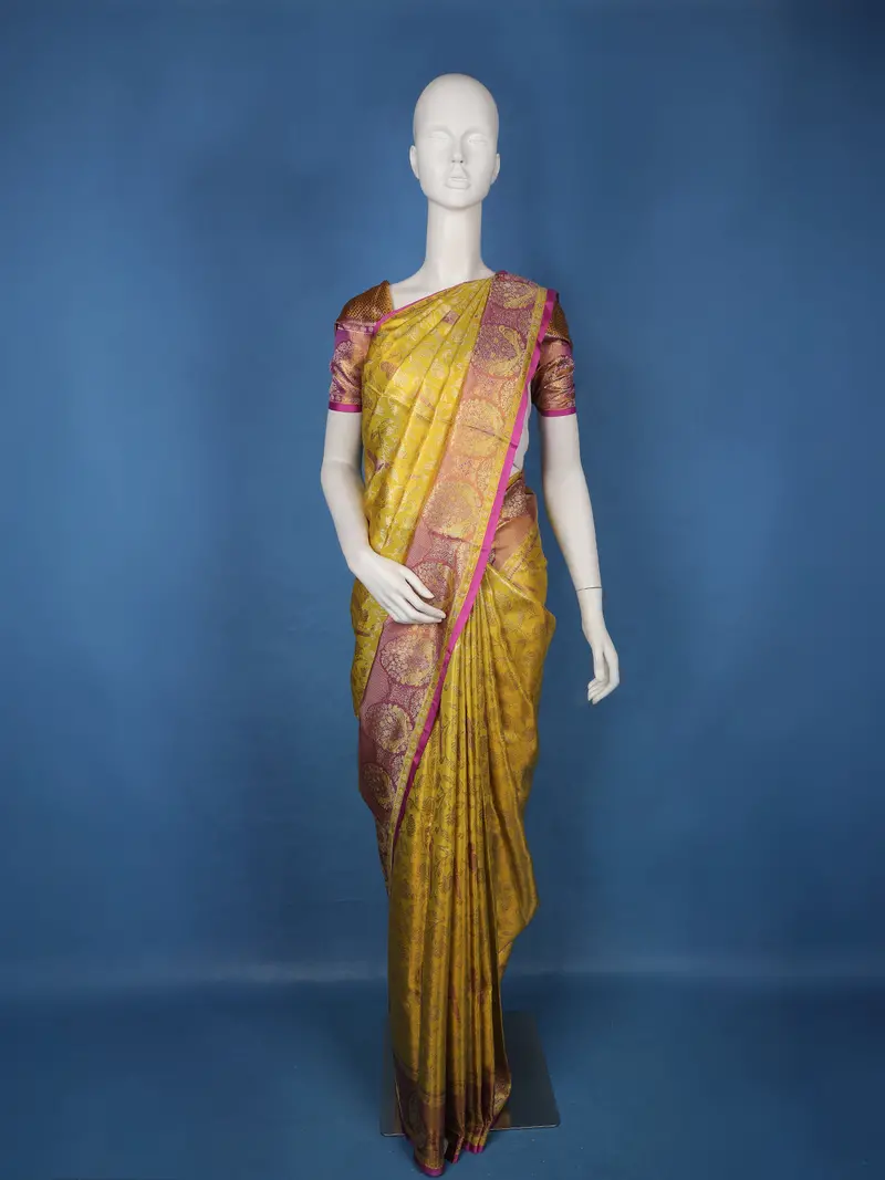 Yellow Floral Woven Pure Kanchipuram Silk Saree With Contrast Pink Zari Border 1