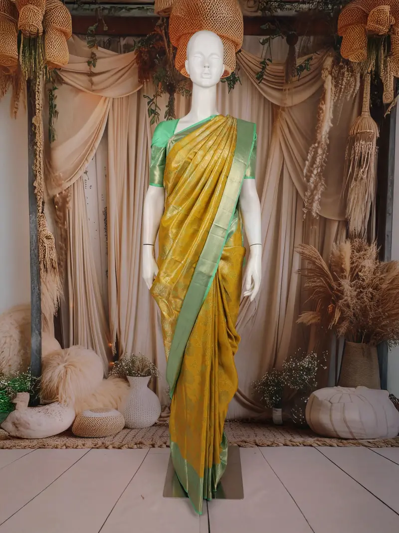 Yellow Floral Woven Pure Kanchipuram Silk Saree With Zari Border 1