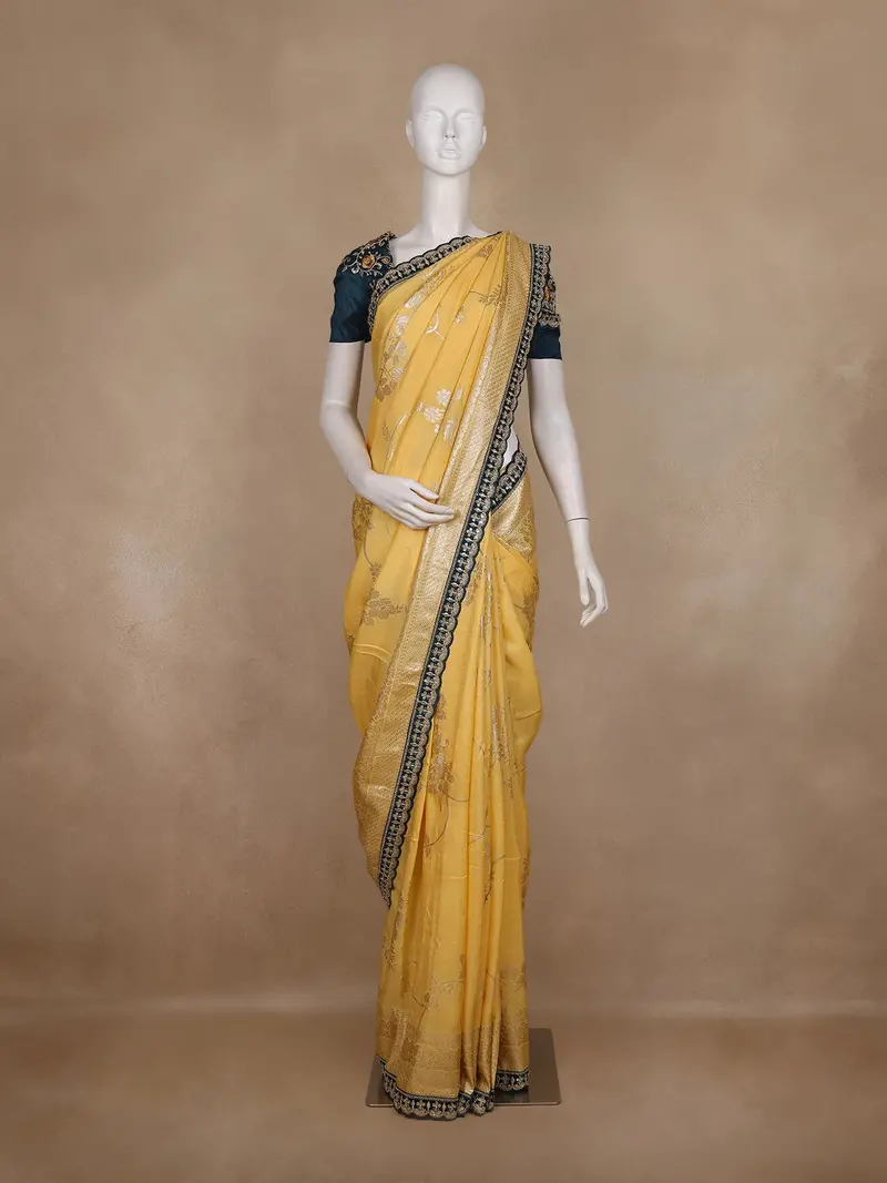 Yellow Floral Woven Semi Banarasi Saree With Scallop Border 1