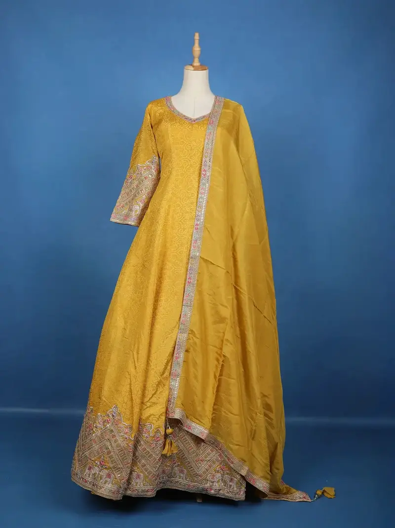 Yellow Floral Woven Silk Anarkali Gown 1