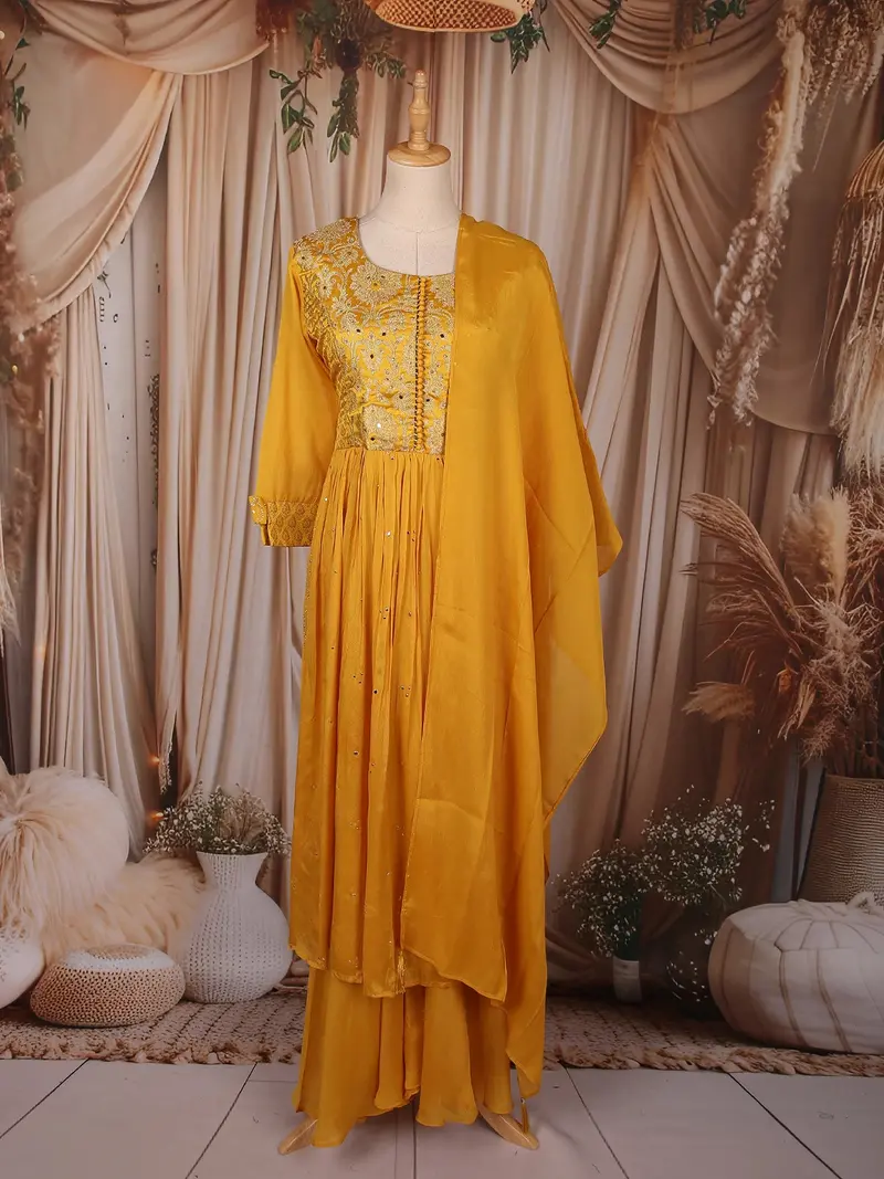 Yellow Floral Zari Embroidered Tissue Silk Anarkali Salwar Suit With Dupatta 1