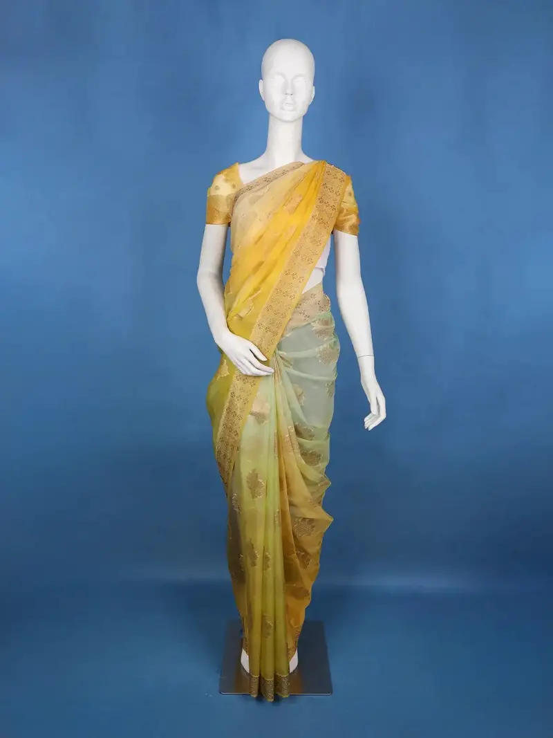 Yellow Floral Zari Sequin Embellishment Organza Saree 1