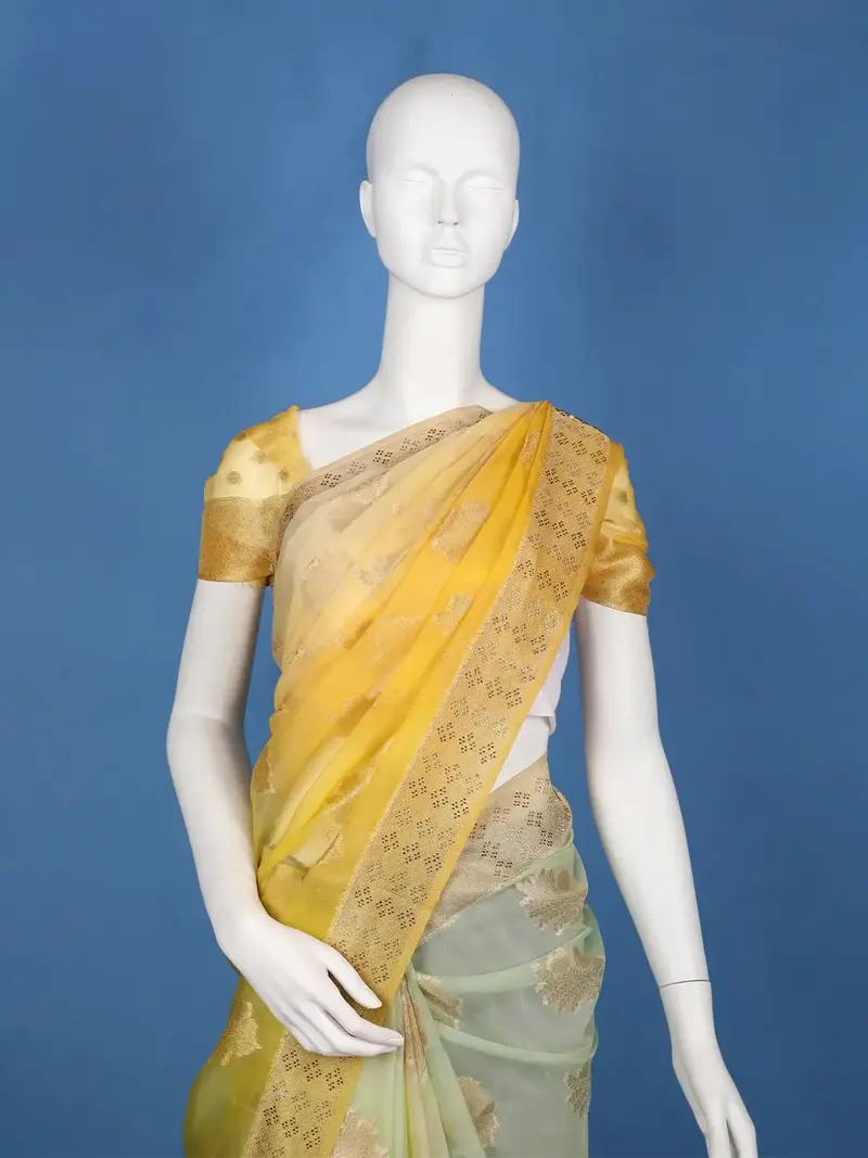 Yellow Floral Zari Sequin Embellishment Organza Saree 2