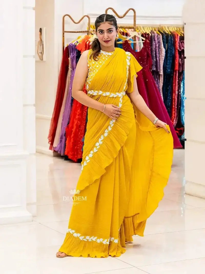 Yellow Georgette Ruffle Saree With Beads Embroidered Blouse And Waist Belt 1