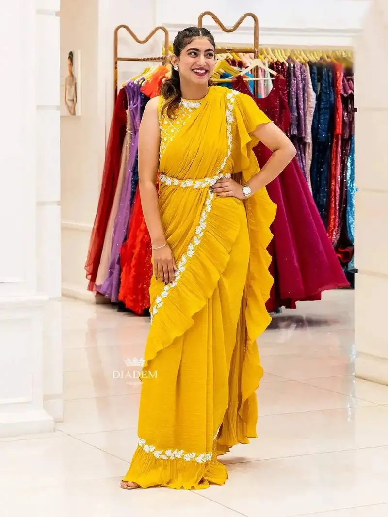 Yellow Georgette Ruffle Saree With Beads Embroidered Blouse And Waist Belt 2