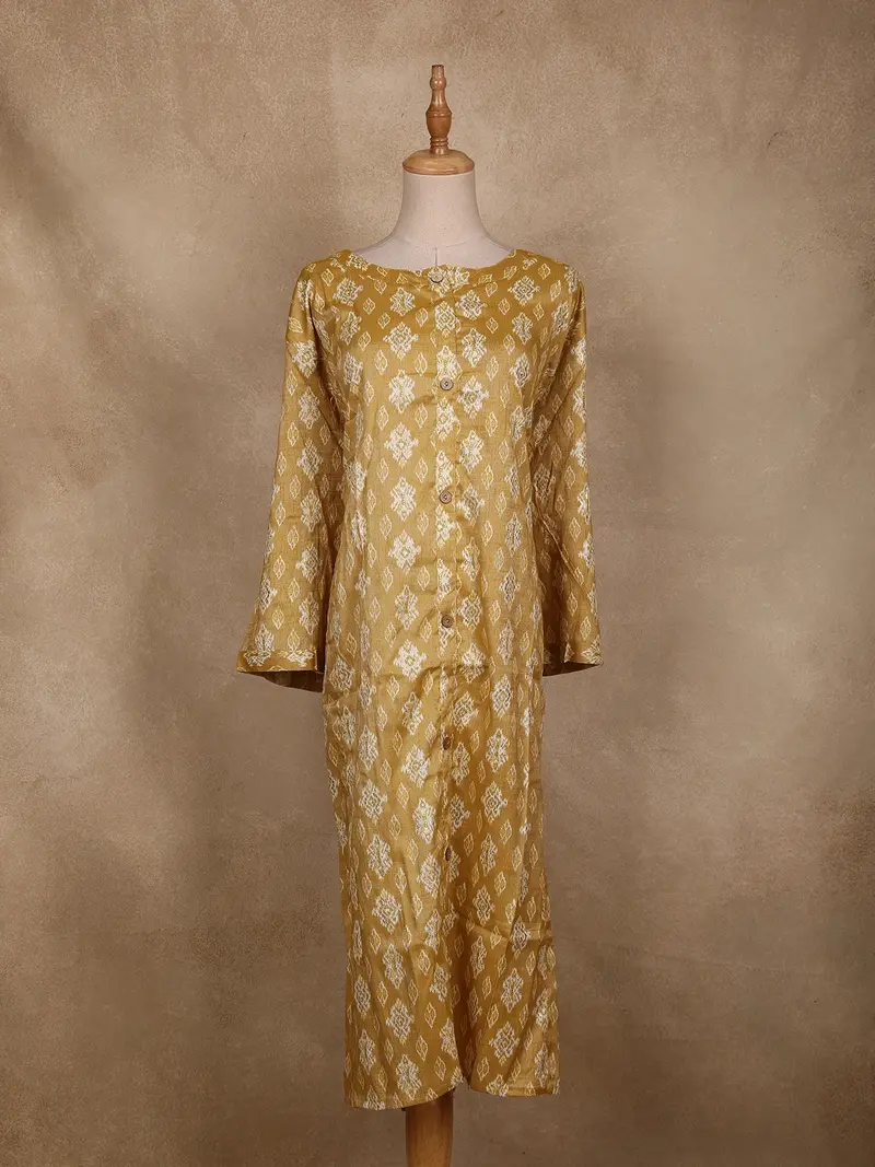 Yellow Ikat Design Cotton Kurti With Button Detailing 1
