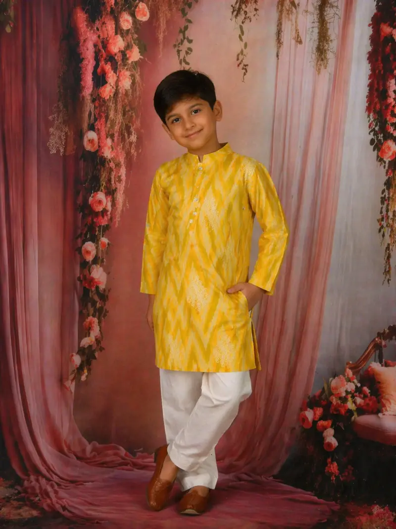 Yellow Ikat Printed Cotton Kids Kurta Set 1